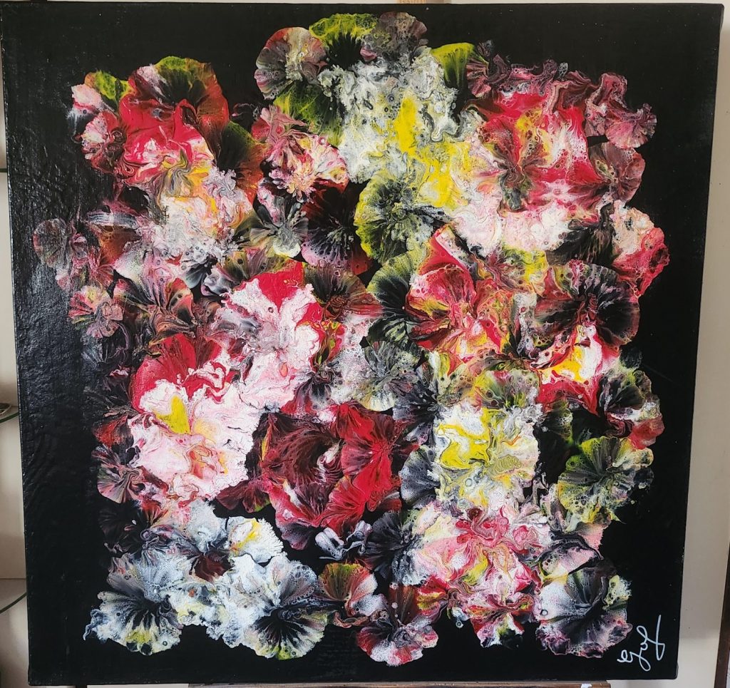 Floraison Nocturne – Tableau abstrait floral sur fond noir