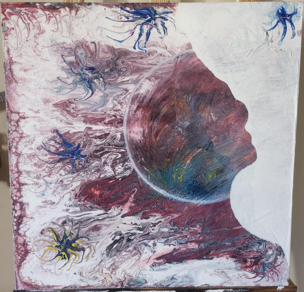 "Voyage Intérieur", un tableau abstrait fusionnant cosmos et conscience. Une œuvre entre introspection et exploration cosmique